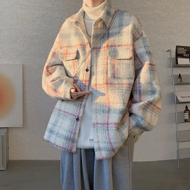 加荣 美拉德撞色呢料夹克男秋季潮牌学生上衣男装小香风格子设计毛呢外衣男时尚高级毛衬衫男款青少年初中生帅气百搭男士外套 男女同款
