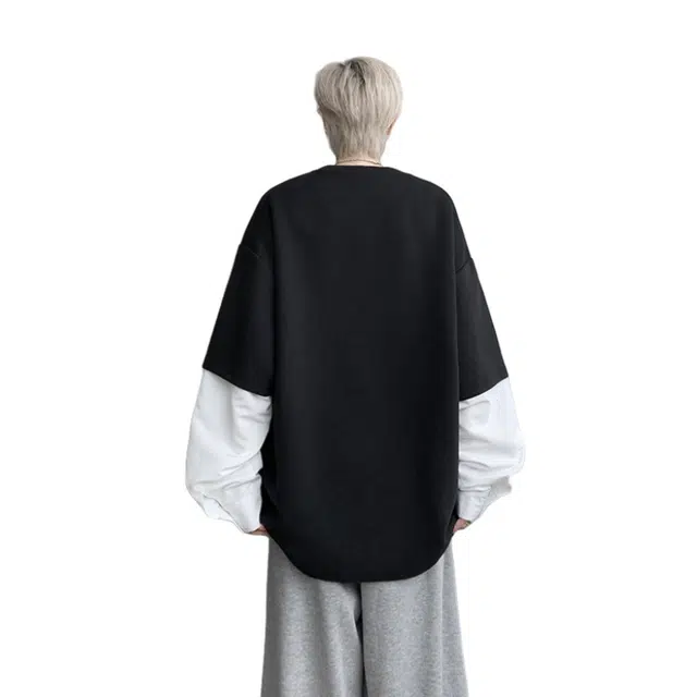 加荣 春秋复古华棉假两件长袖男卫衣撞色慵懒感日常气质百男休闲衣简约纯色今年流行爆款男士款美式舒适高级感男上衣 男女同款