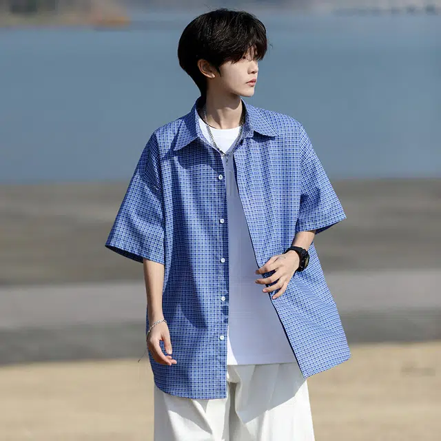 加荣 日系复古蓝格子男夏季百搭宽松短袖衬衫 男女同款
