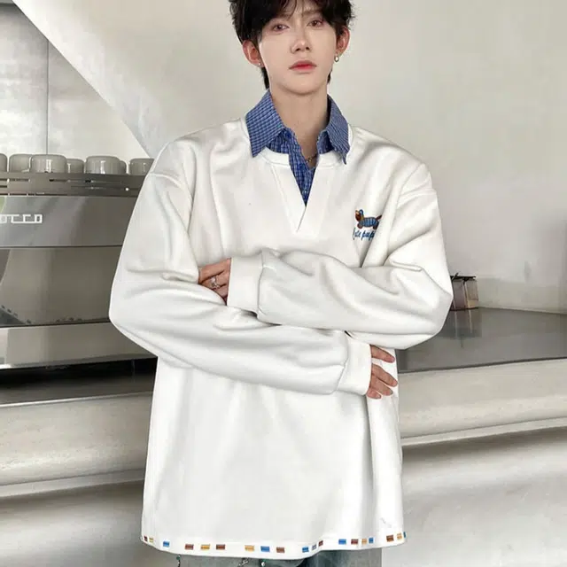 加荣 美式复古条纹翻领头男秋卫衣拼接套头假两件无帽外套纯色内搭叠穿打底字母设计男休闲衣服宽松高级感小众日常长袖男上衣 男女同款