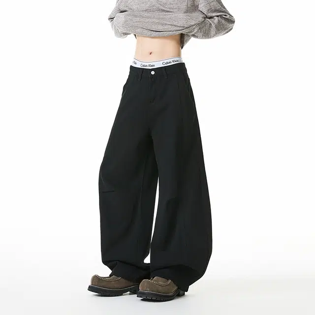 加荣 美式复古水洗做旧牛仔裤男款秋季潮牌褶皱宽松直筒裤男高街百搭休闲裤男装痞帅阔腿垂感弯刀裤男士小众解构设计长裤 男女同款