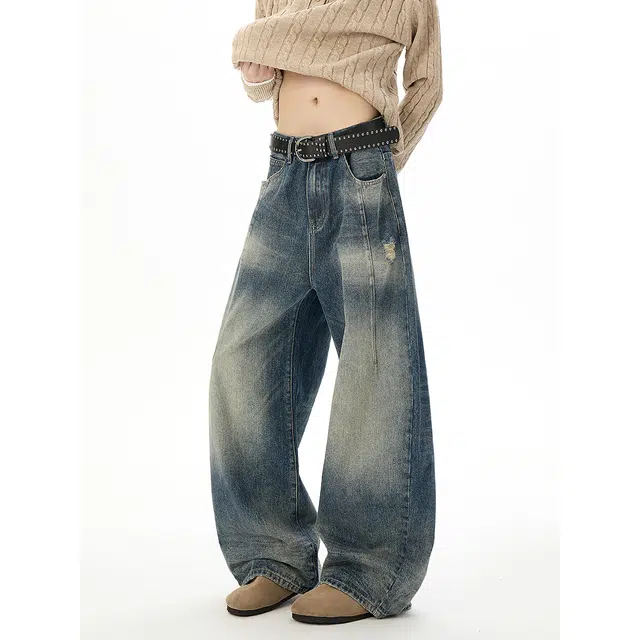 加荣 美式潮牌水洗直筒牛仔裤男秋季休闲复古擦色阔腿裤男款小众设计感弯刀裤男装百搭宽松拖地裤男士高街痞帅男生长裤 男女同款