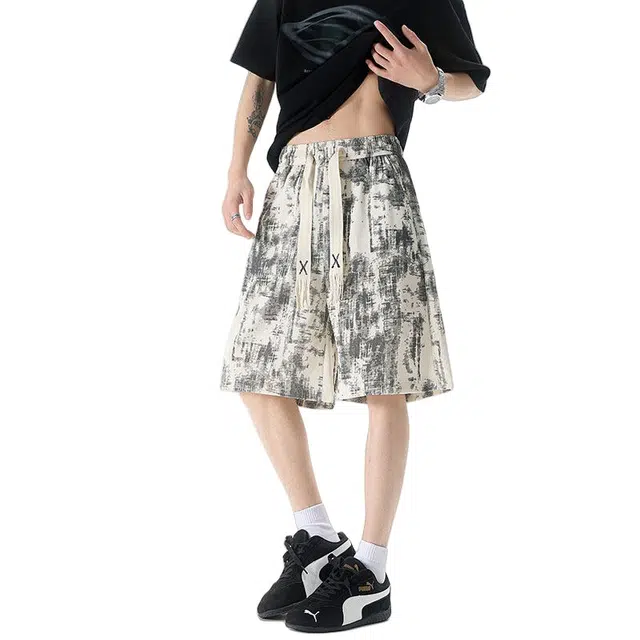 加荣 美式扎染印花男款夏季轻薄透气潮牌青少年日常出行百搭裤宽松码小众设计感抽绳松紧腰五分中裤外穿休闲短裤 男女同款