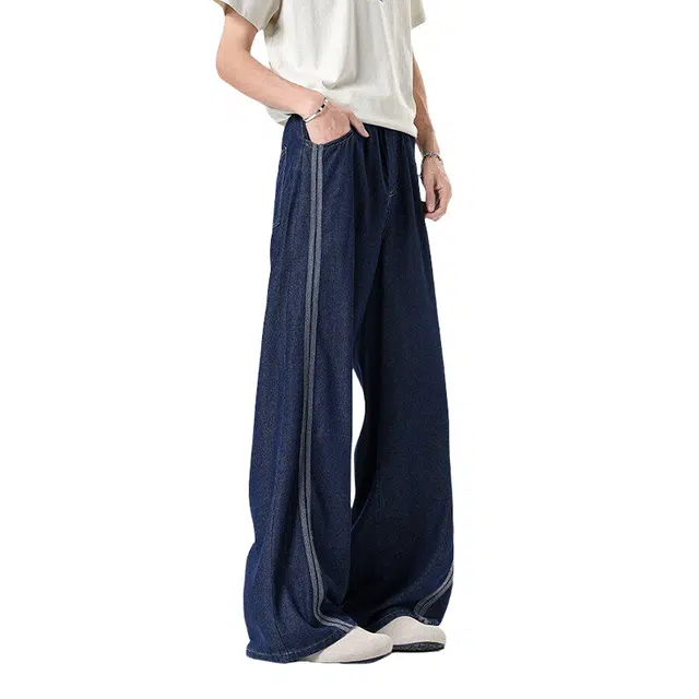 加荣 美式复古条纹薄款透气凉感莱赛尔冰丝裤宽松直筒垂感轻奢小众炸街裤慵懒风美式宽松拖地裤牛仔裤 男女同款