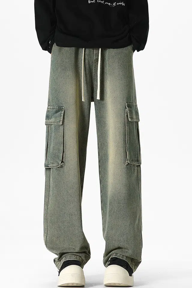 加荣 日常百搭男裤子美式学院风水洗做旧男牛仔裤宽松休闲工装大口袋男拖地裤高街复古男直筒春秋适亲肤显高显瘦男长裤 男女同款