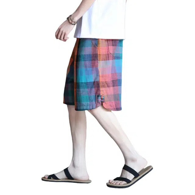 加荣 中国风盘扣薄款透气潮流百搭青少年户外出行运动五分裤格子沙滩外穿休闲短裤 男女同款