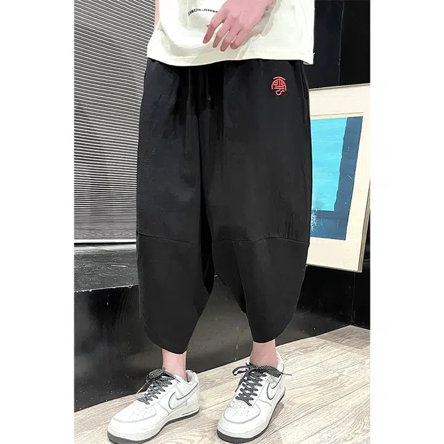 加荣 薄款中国风直筒裤复古刺绣灯笼裤大码哈伦裤七分裤休闲短裤 男女同款