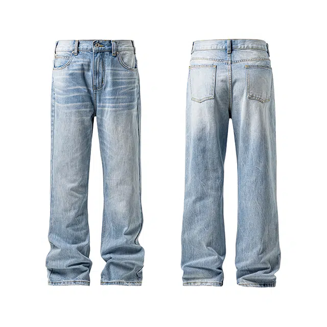 加荣 美式复古水洗做旧男牛仔裤高街条纹设计潮牌拖地男休闲裤子宽松男直筒微喇秋季男款春秋日常百搭可系皮带男长裤 男女同款
