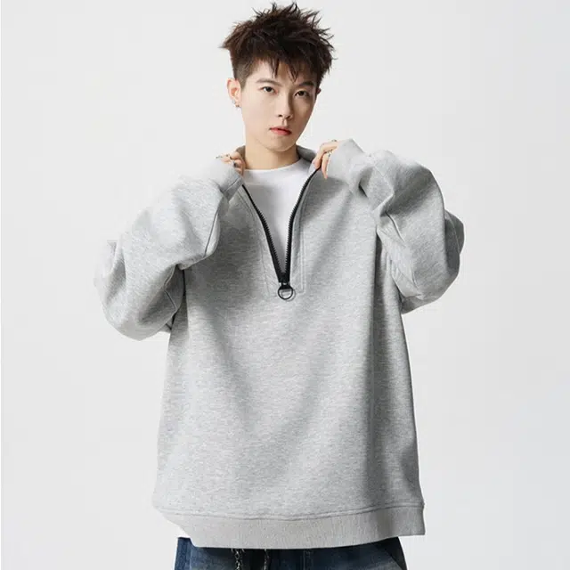 加荣 美式运动风休闲卫衣男秋季宽松百搭解构拉链立领外套男潮流时尚纯色长袖打底衫男装复古高级感半外衣男士设计感上衣 男女同款