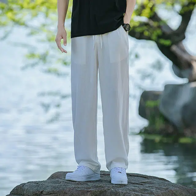 加荣 男士高端凉感天丝亚麻裤男夏季薄款透气棉麻裤子夏天清凉舒适冰丝裤宽松直筒轻奢简约休闲裤中国风中式男装大码阔腿长裤 男女同款