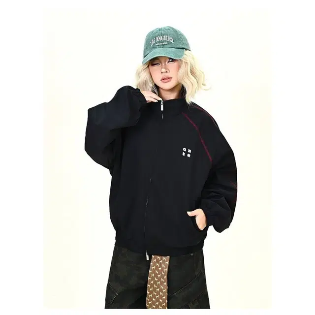 加荣 美式格子拼接设计拉链夹克男款简约字母刺绣立领插肩外衣女宽松潮牌男装上衣早秋街头复古冲锋衣男百搭运动休闲女装外套 男女同款