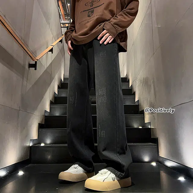 加荣 美式复古水洗男士裤子高街风做旧男牛仔裤舒适亲肤透气男直筒裤通勤百搭纯色风垂感男休闲裤显高显瘦宽松简约裤男生长裤 男女同款