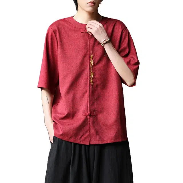 加荣 唐装中国风夏季薄款透气仿麻汉服短袖衬衫复古宽松盘扣立领潮流百搭大码青少年户外出行五分袖衬衣上衣 男女同款