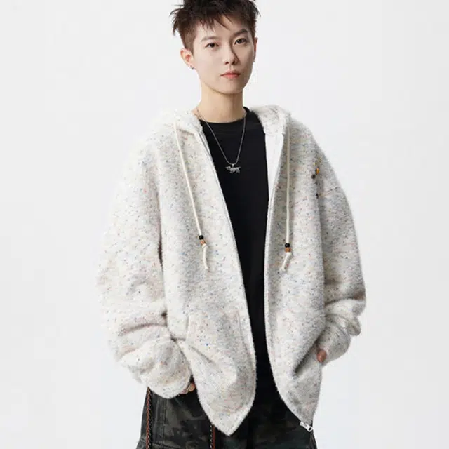 加荣 美式渐变针织开衫毛衣男宽松慵懒风抽绳连帽卫衣男款时尚潮流男士款通勤百搭衫男装秋季小香风高级舒适外套上衣 男女同款