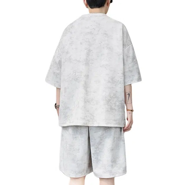 加荣 扎染青少年帅气学生复古高级感时尚初夏穿搭宽松直筒阔腿圆领短袖短裤休闲运动套装 男女同款