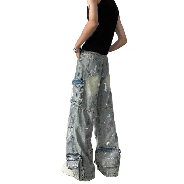 加荣 美式街头设计感潮牌青少年户外出行百搭宽松阔腿拖地裤子牛仔裤 男女同款