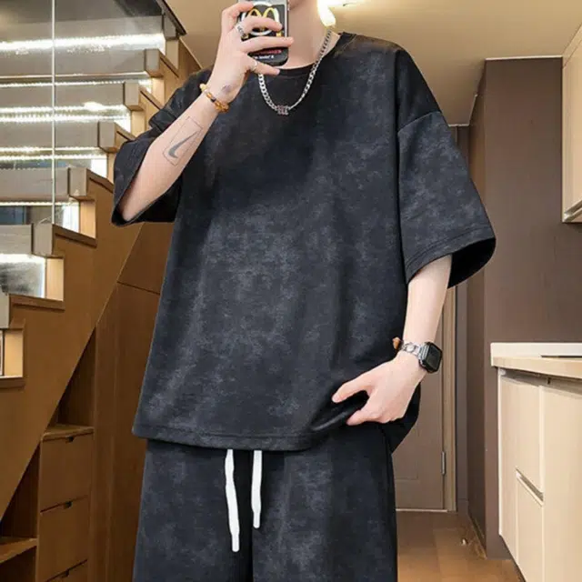 加荣 扎染青少年帅气学生复古高级感时尚初夏穿搭宽松直筒阔腿圆领短袖短裤休闲运动套装 男女同款