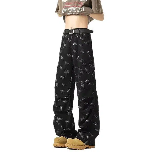 加荣 美式潮流漆点直筒牛仔裤男秋季宽松休闲裤子青少年痞帅炸街阔腿裤字母设计感高街微喇裤春秋百搭可系皮带基础款男士长裤 男女同款