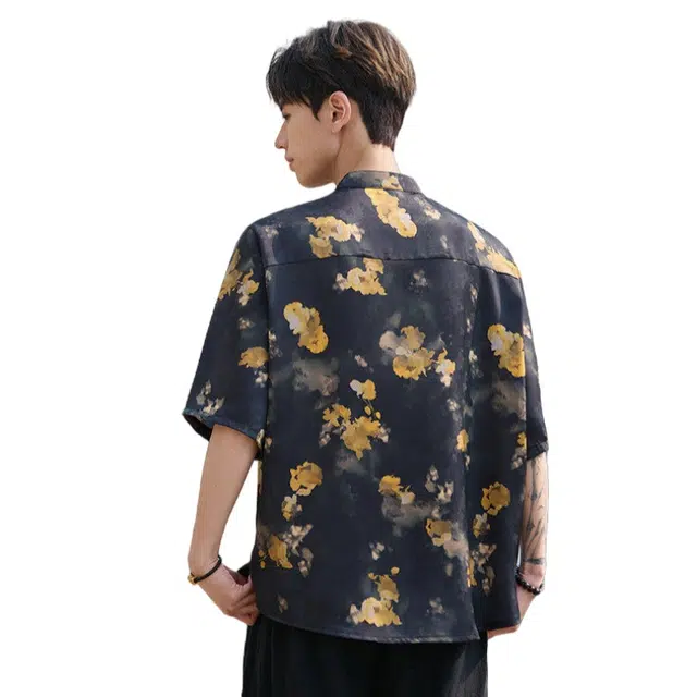 加荣 新中式提花中国风圆领印花夏季薄款透气潮牌青少年户外出行时尚百搭立领衬衣衬衫 男女同款