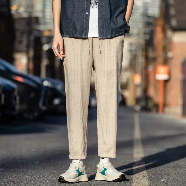 加荣 亚麻九分裤夏季薄款透气夏天凉感舒适新中式条纹裤中国风复古小脚裤夏日清凉松紧腰九分休闲裤 男女同款