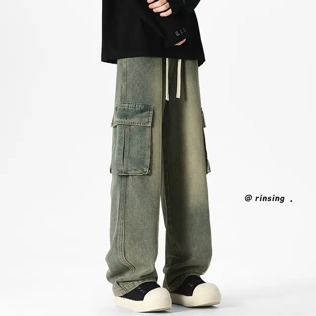 加荣 日常百搭男裤子美式学院风水洗做旧男牛仔裤宽松休闲工装大口袋男拖地裤高街复古男直筒春秋适亲肤显高显瘦男长裤 男女同款