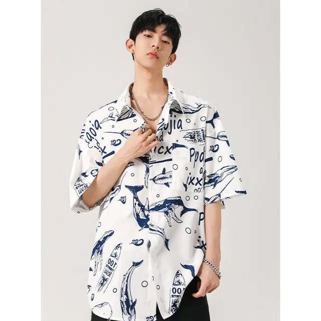 加荣 夏威夷沙滩薄青少年帅气潮流翻领宽松鲸鱼设计小众短袖衬衫 男女同款