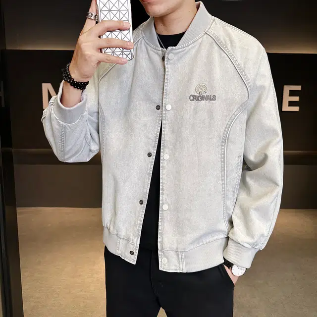 加荣 莱赛尔天丝牛仔衣秋季时尚高端休闲男装潮牌痞帅棒球服男士刺绣字母设计夹克男款宽松百搭上衣男小众慵懒风松弛感外套 男女同款