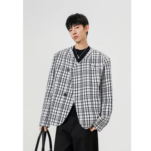 加荣 秋冬斜扣格子外套男款美式复古男士小西服时尚潮牌男装宽松慵懒感外衣男休闲百搭开衫男小众设计感穿搭西装夹克 男女同款