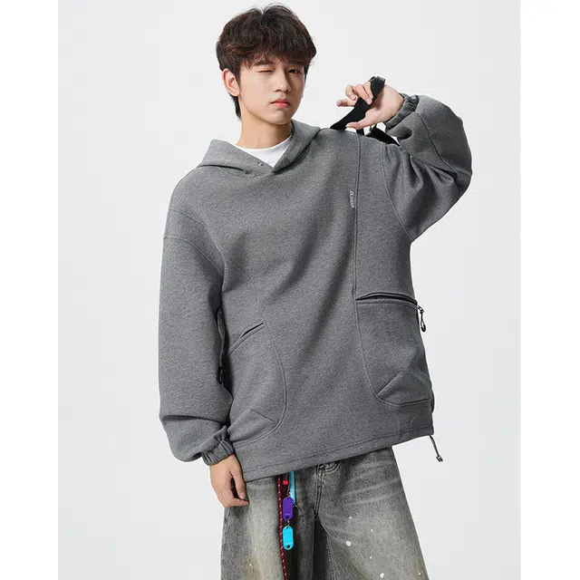 加荣 早秋结构设计款连帽卫衫男款休闲百搭套头衫男时尚潮牌男装外套美式高街男士青少年帅气男生潮流初中生卫衣 男女同款