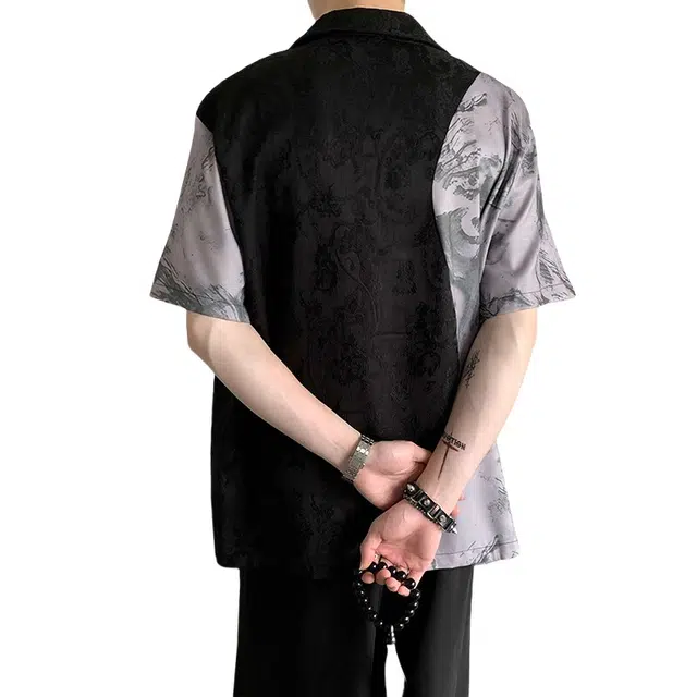 加荣 新中式复古提花拼接夏季轻薄透气潮牌青少年户外出行通勤百搭小众高级设计感宽松休闲短袖衬衫 男女同款