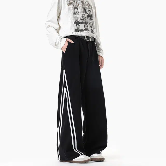 加荣 美式条纹牛仔裤男秋季高街水洗阔腿弯刀裤子潮牌痞帅青少年帅气男装潮流宽松休闲复古男款直筒长裤 男女同款