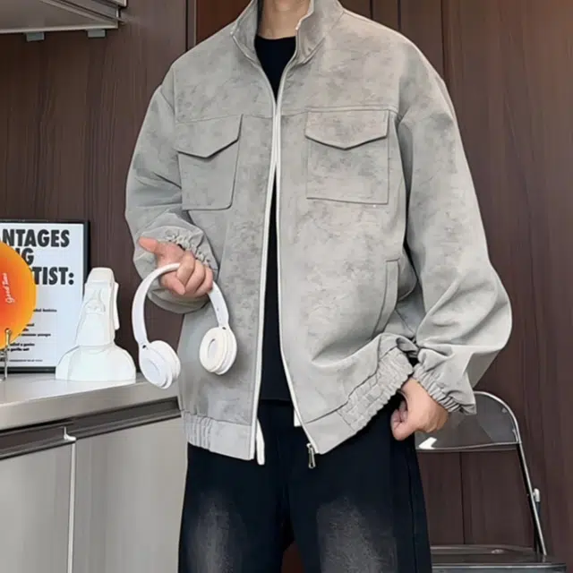 加荣 美式复古扎染高级感立领机车飞行员工装小众设计感多口袋休闲宽松痞帅潮流百搭夹克外套 男女同款