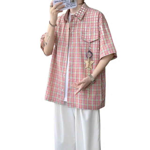 加荣 美式格纹休闲夏季轻薄透气潮牌青少年户外出行通勤百搭宽松慵懒风情侣衬衣短袖衬衫 男女同款