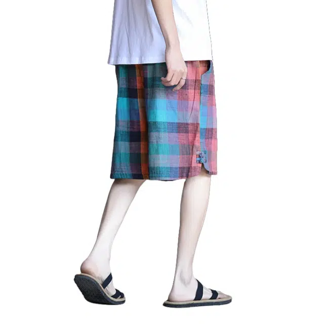 加荣 中国风盘扣薄款透气潮流百搭青少年户外出行运动五分裤格子沙滩外穿休闲短裤 男女同款