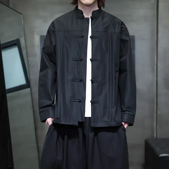 加荣 新中式长袖衬衫男复古改良汉服男时尚宽松夹克男装中国风盘扣唐装衬衣男秋季高级感打褶设计上衣男款立领伴郎外套 男女同款