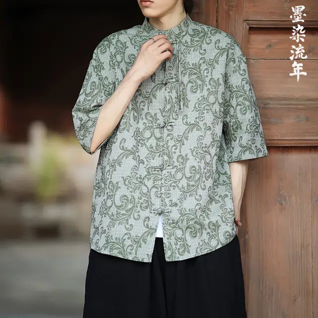 加荣 中国风提花衬衣夏季国潮新中式盘扣立领唐装高端提花小众设计感汉服薄款外套潮流户外透气五分袖短袖衬衫 男女同款