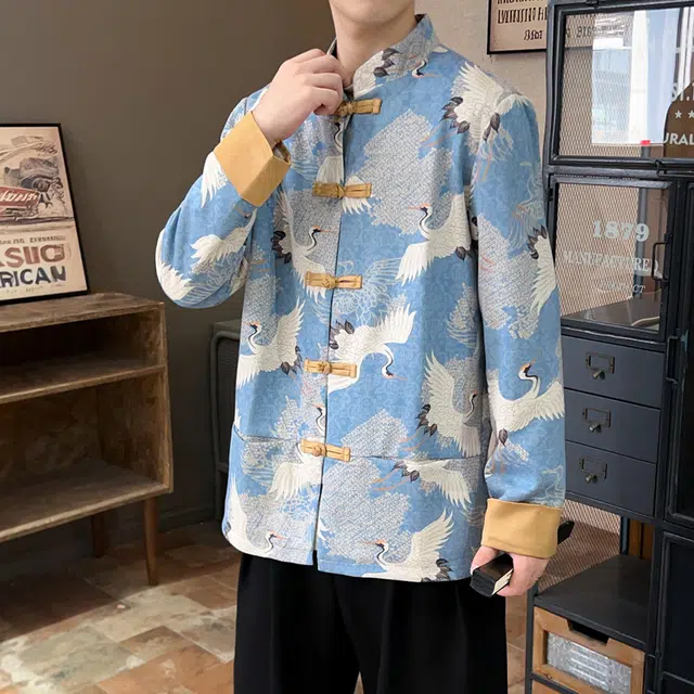 加荣 中国风仙鹤印花唐装盘扣立领衫潮流中山装新中式刺绣鹿皮绒夹克 男女同款