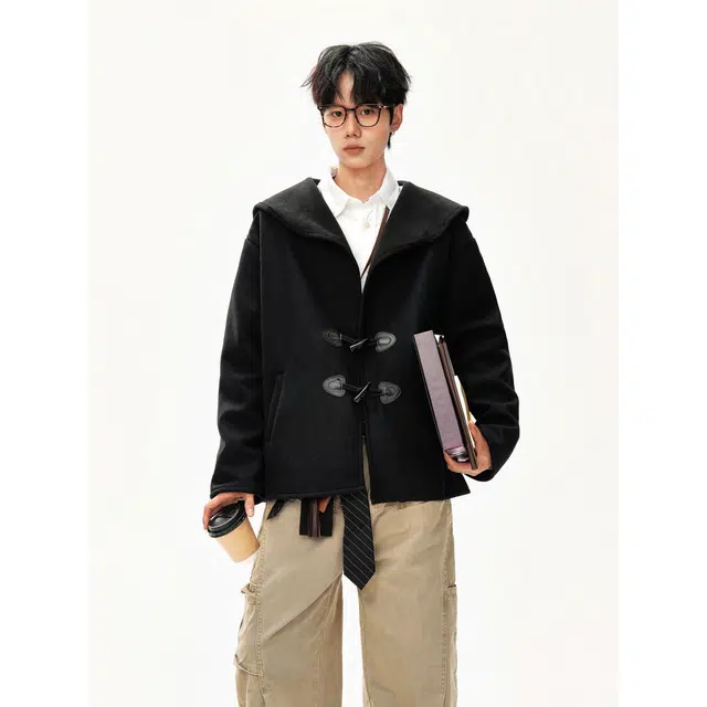 加荣 秋季休闲百搭简约纯色基础款牛角扣大帽子复古设计感英伦风高级感呢时尚潮流大衣 男女同款