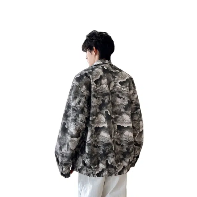 加荣 美式潮牌翻领夹克秋季男款高街痞帅百搭男装长袖衬衫男撞色扎染衬衣青少年设计高级感宽松外套 男女同款