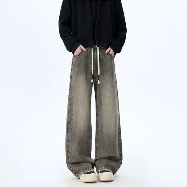 加荣 美式复古水洗牛仔裤男秋季宽松阔腿裤男款潮牌高街休闲直筒裤青少年帅气男装裤子慵懒风松弛弯刀裤男士小众设计长裤 男女同款