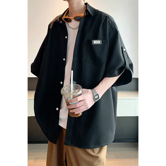 加荣 日系透气速干垂感短袖薄款宽松休闲衬衫 男女同款