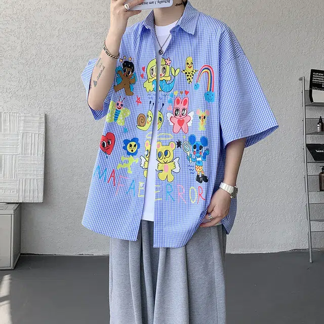 加荣 潮流卡通设计青少年街头户外短袖衬衫 男女同款