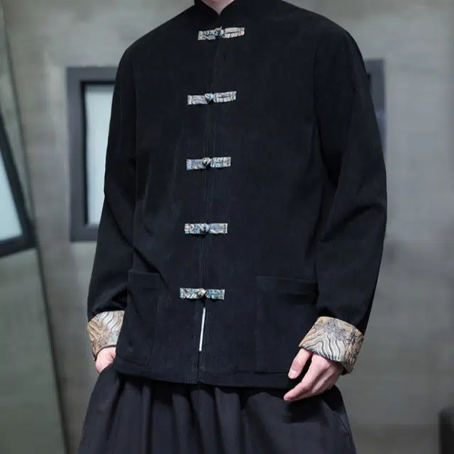 加荣 中国风撞色提花灯芯绒夹克男春秋款新中式男装衬衫宽松潮牌唐装男款休闲复古风盘扣衬衣男士长袖上衣改良古装汉服外套 男女同款