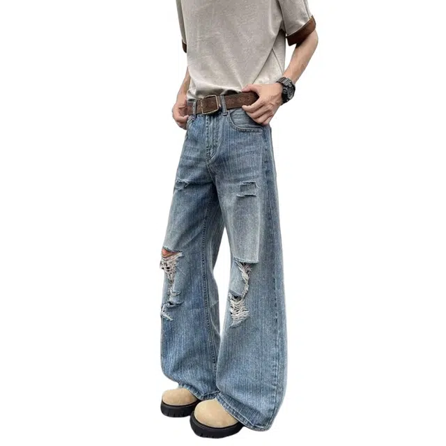 加荣 水洗破洞做旧夏季薄款透气潮流百搭休闲裤美式高街宽松直筒阔腿弯刀裤小众设计感青少年户外出行拖地裤牛仔裤 男女同款