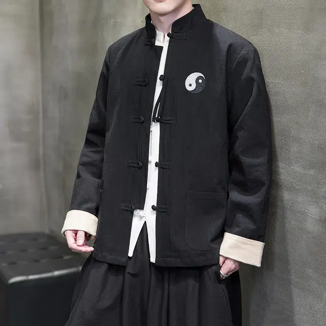 加荣 中国风刺绣棉麻夹克男款潮流痞帅中山装男士秋季宽松百搭开衫男装上衣复古时尚衬衫男生新中式立领盘扣唐装汉服外套 男女同款