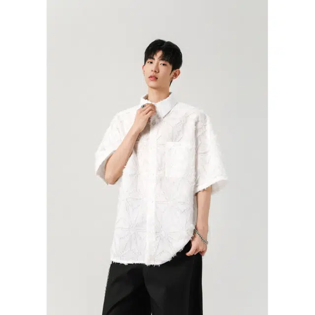 加荣 夏季 小众舒适宽松百搭翻领纯色短袖衬衫 男女同款