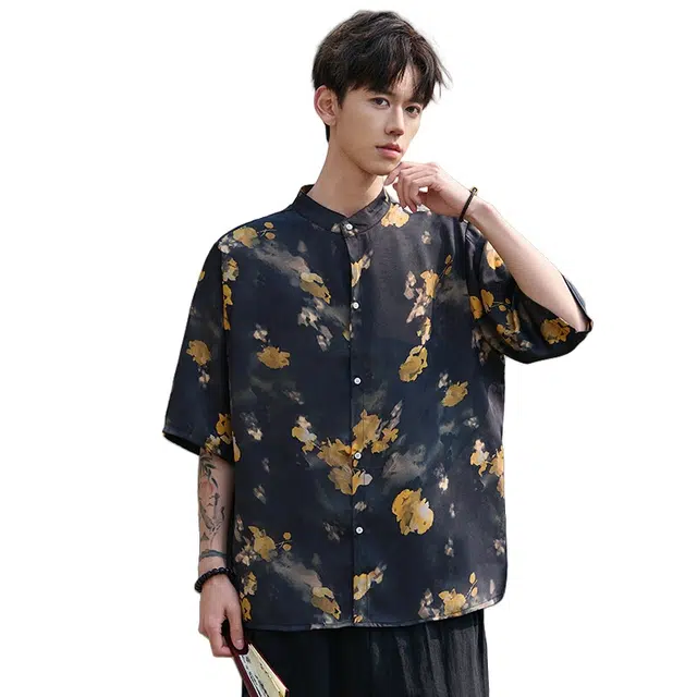 加荣 新中式提花中国风圆领印花夏季薄款透气潮牌青少年户外出行时尚百搭立领衬衣衬衫 男女同款