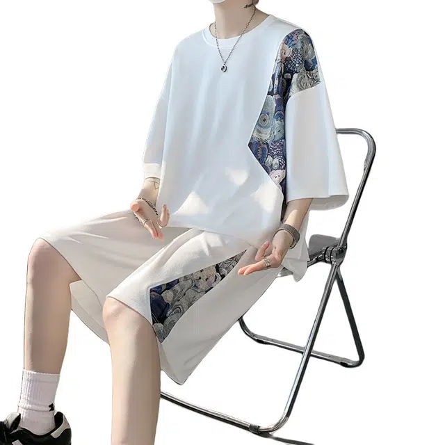 加荣 冰丝刺绣小熊拼接休闲套装男夏季轻薄透气潮牌青少年户外出行百搭国风大码宽松短袖短裤一整套休闲运动套装 男女同款