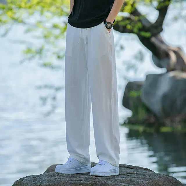 加荣 男士高端凉感天丝亚麻裤男夏季薄款透气棉麻裤子夏天清凉舒适冰丝裤宽松直筒轻奢简约休闲裤中国风中式男装大码阔腿长裤 男女同款