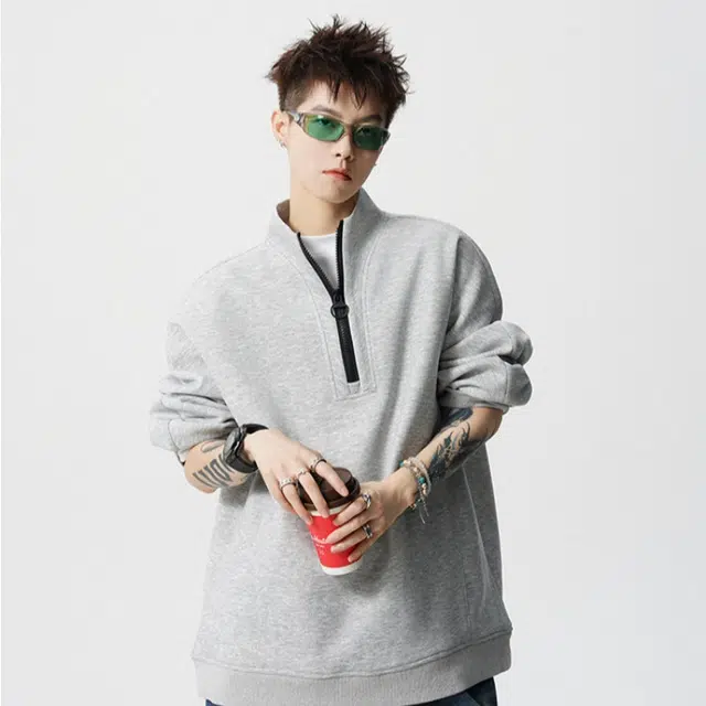 加荣 美式运动风休闲卫衣男秋季宽松百搭解构拉链立领外套男潮流时尚纯色长袖打底衫男装复古高级感半外衣男士设计感上衣 男女同款